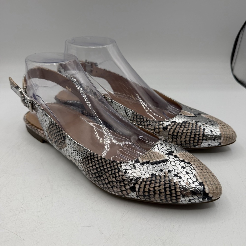 Vionic Jade Boa Snake Print Flats Womens Sz 8.5 Silver Metallic Slingback Shoes